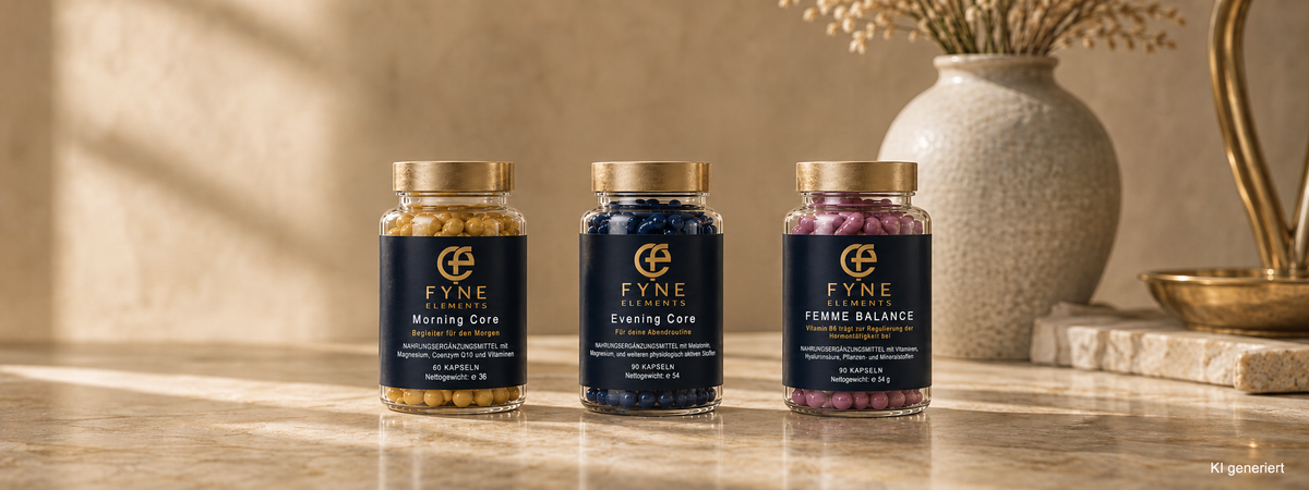 Drei Fyne Elements Nahrungsergänzungsmittel Morning Core, Evening Core und Femme Balance in Glasdosen mit goldfarbenen Deckeln auf einer hellen Marmorfläche.