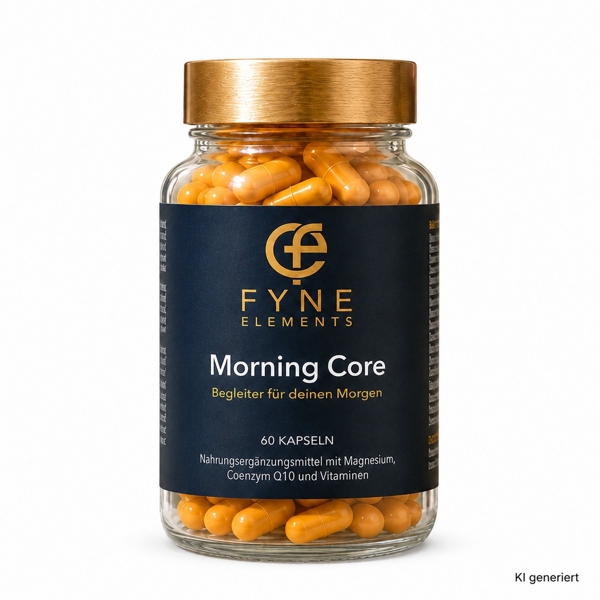 Freigestellte Fyne Elements Morning Core Glasdose mit goldgelben Kapseln und messingfarbenem Deckel vor weißem Hintergrund.