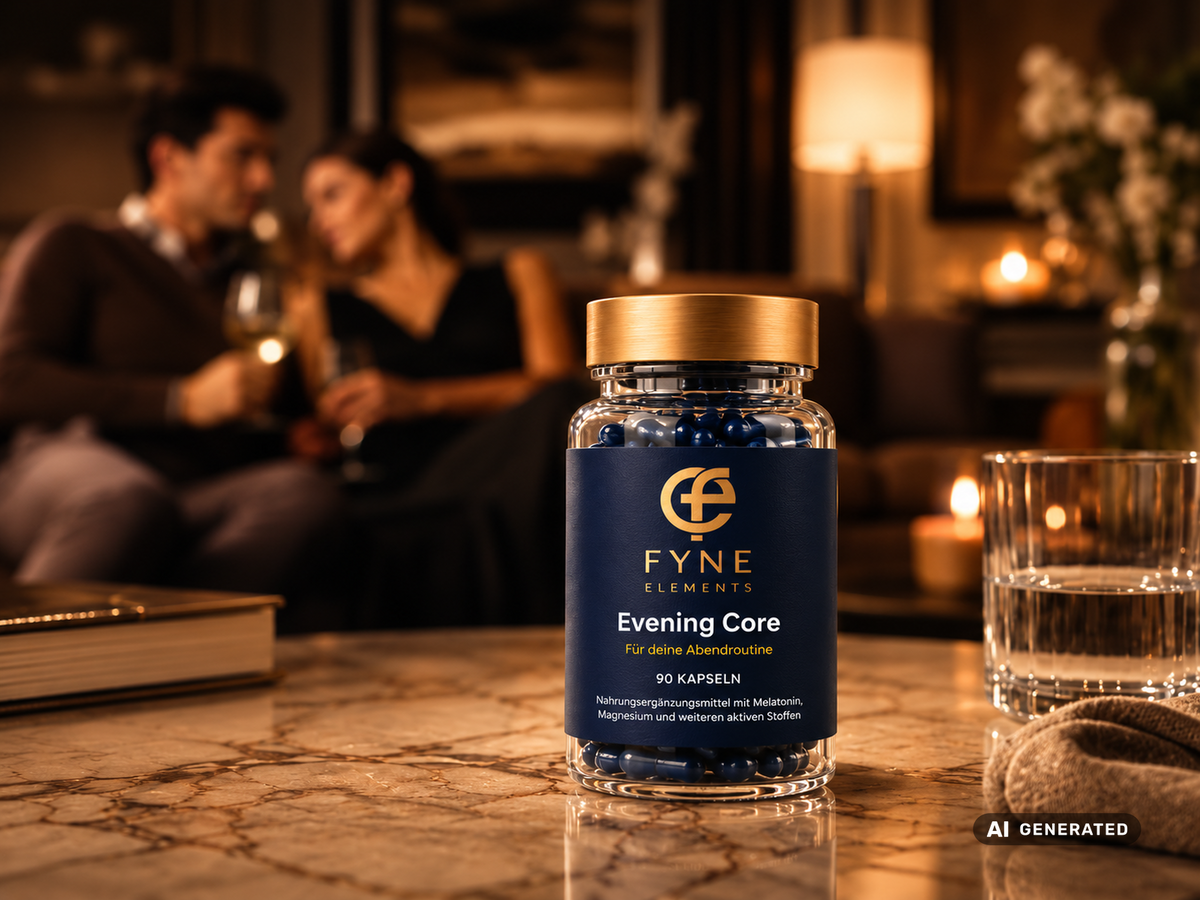 KI generiertes Fyne Elements Lifestyle Bild im 4 zu 3 Format mit einer transparenten Evening Core Glasdose und dunkelblauen Kapseln im Vordergrund auf einer marmorierten Tischplatte. Die Dose trägt das Evening Core Etikett mit 90 Kapseln und goldfarbenem Deckel. Im unscharfen Hintergrund sitzt ein Paar in einer warm beleuchteten Lounge mit Lampe und Kerzenlicht. Rechts steht ein Wasserglas, links ein Buch und vorne liegt ein weiches Tuch. Unten rechts befindet sich die Kennzeichnung AI GENERATED.