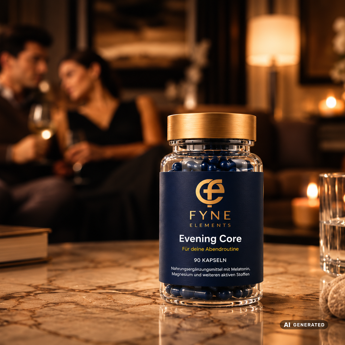 KI generiertes Fyne Elements Produktbild im quadratischen Format mit einer transparenten Evening Core Glasdose und dunkelblauen Kapseln auf einer marmorierten Tischplatte. Die Dose trägt das Evening Core Etikett mit 90 Kapseln und goldfarbenem Deckel. Im weich unscharfen Hintergrund sitzt ein Paar in einer warm beleuchteten Lounge mit Lampe und Kerzenlicht. Rechts steht ein Wasserglas, links ein Buch und vorne liegt ein weiches Tuch. Unten rechts befindet sich die Kennzeichnung AI GENERATED.