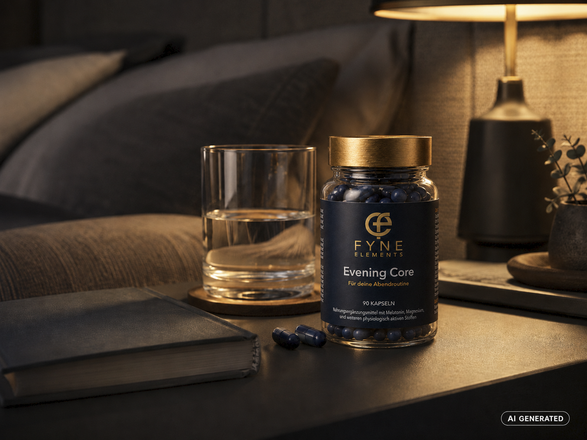 KI-generiertes Lifestylebild mit einer Fyne Elements Evening Core Glasdose mit dunkelblauen Kapseln auf einem Nachttisch neben einem halb gefüllten Wasserglas, zwei losen Kapseln, einem Buch, einer warm leuchtenden Lampe und einer kleinen Pflanze im Schlafzimmer.
