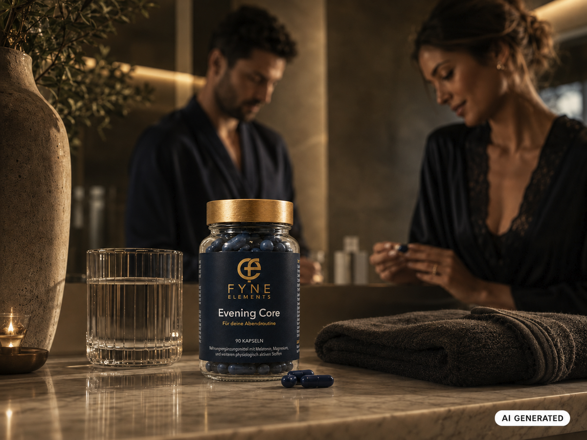 KI generiertes Lifestylebild mit einer Fyne Elements Evening Core Glasdose mit dunkelblauen Kapseln auf einer Marmorablage neben einem Wasserglas und einem gefalteten dunklen Handtuch; im warm beleuchteten Hintergrund steht ein unscharf dargestelltes Paar.