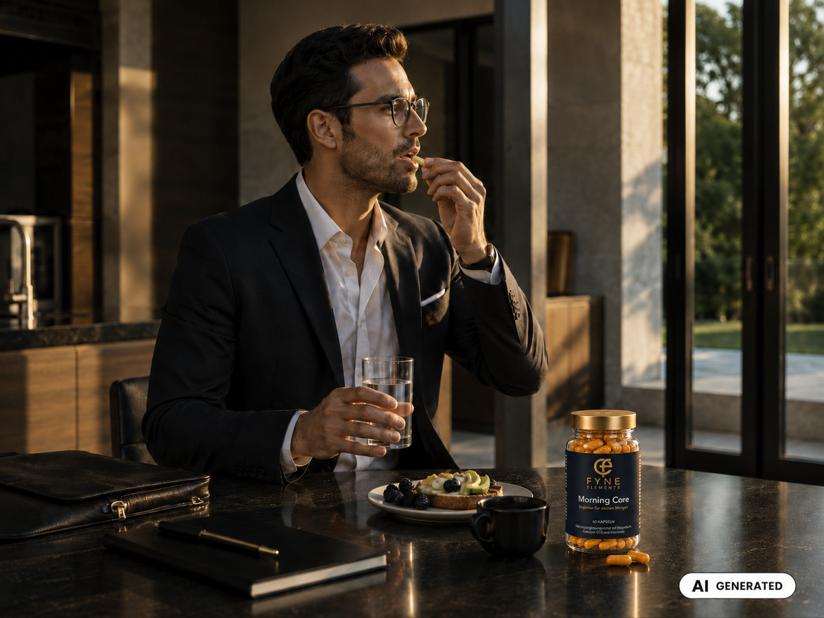 KI generiertes Lifestylebild mit einer Fyne Elements Morning Core Glasdose mit orange goldenen Kapseln auf einem dunklen Tisch neben Frühstücksteller, schwarzer Tasse und zwei losen Kapseln; ein Mann im Anzug hält ein Wasserglas und nimmt eine Kapsel ein, im Hintergrund moderne Fensterfront mit Tageslicht.