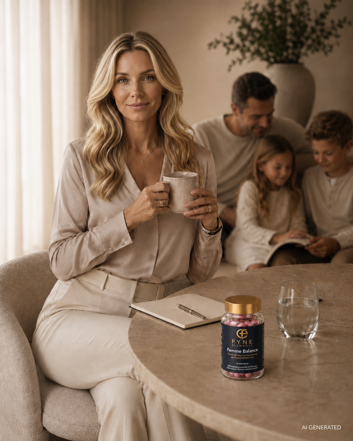 KI generiertes Lifestylebild von Fyne Elements Femme Balance in einem warmen, eleganten Wohnambiente. Eine blonde Frau sitzt mit einer Tasse am Tisch, während im Vordergrund die Femme Balance Glasdose mit goldfarbenem Deckel und rosa Kapseln neben einem Notizbuch und einem Wasserglas steht. Im weich unscharfen Hintergrund sitzt eine Familie zusammen.
