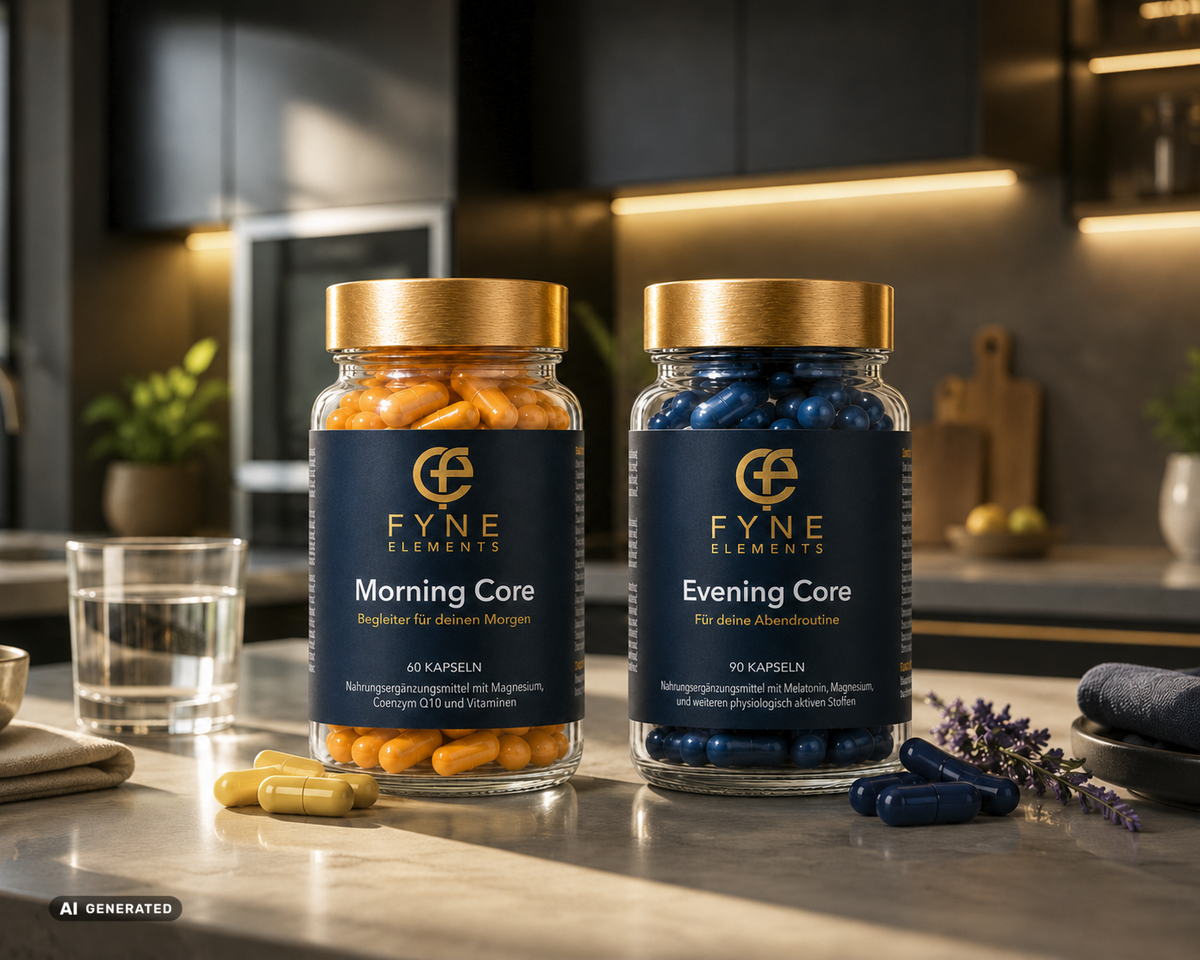KI generierte Lifestyle Aufnahme im Querformat mit zwei Fyne Elements Glasdosen auf einer Küchenarbeitsfläche: Morning Core mit goldgelben Kapseln steht links, Evening Core mit dunkelblauen Kapseln rechts; davor liegen farblich passende Kapseln.