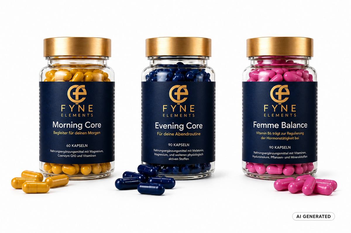 Drei Fyne Elements Glasdosen auf weißem Hintergrund: Morning Core mit gelben Kapseln, Evening Core mit dunkelblauen Kapseln und Femme Balance mit rosa Kapseln, jeweils mit goldfarbenem Deckel und passendem Originaletikett; lose Kapseln liegen vor den Dosen. Unten rechts befindet sich die Kennzeichnung AI GENERATED.