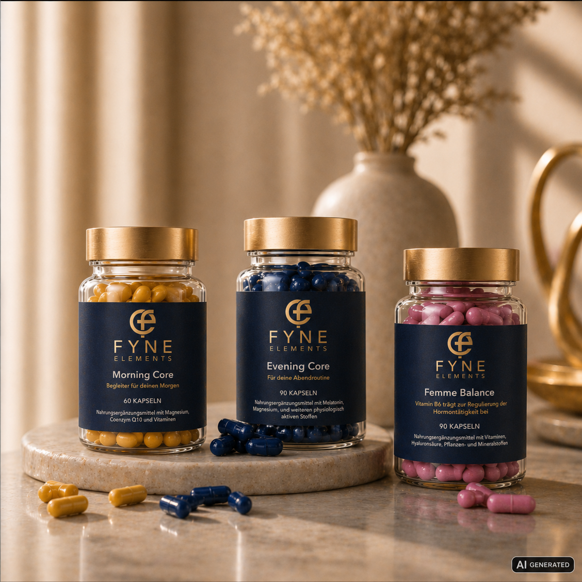 Drei Fyne Elements Glasdosen in warmer Morgenlicht Stimmung auf einer hellen Steinoberfläche: links Evening Core mit dunkelblauen Kapseln, mittig die geöffnete Morning Core Dose mit gelben Kapseln und lose davorliegenden gelben Kapseln, rechts Femme Balance mit rosa Kapseln. Die Dosen haben goldfarbene Deckel und die jeweiligen Fyne Elements Etiketten. Im Hintergrund steht ein Wasserglas, rechts liegt ein rosafarbenes Tuch. Unten rechts ist die Kennzeichnung AI GENERATED sichtbar. KI generiert.