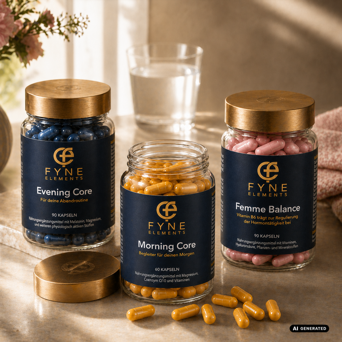 Drei Fyne Elements Glasdosen in warmer Morgenlicht Stimmung auf einer hellen Steinoberfläche: links Evening Core mit dunkelblauen Kapseln, mittig die geöffnete Morning Core Dose mit gelben Kapseln und lose davorliegenden gelben Kapseln, rechts Femme Balance mit rosa Kapseln. Die Dosen haben goldfarbene Deckel und die jeweiligen Fyne Elements Etiketten. Im Hintergrund steht ein Wasserglas, rechts liegt ein rosafarbenes Tuch. Unten rechts ist die Kennzeichnung AI GENERATED sichtbar. KI generiert.