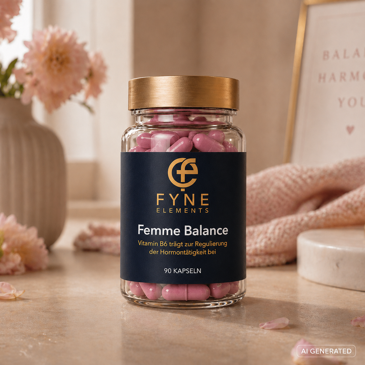 KI generiertes Lifestylebild von Fyne Elements Femme Balance in einem warmen, hellen Blumenambiente. Die transparente Glasdose mit goldfarbenem Deckel und rosa Kapseln steht im Mittelpunkt auf einer hellen Steinfläche. Im Hintergrund sind rosafarbene Blumen, ein weicher roséfarbener Stoff und ein gerahmter Schriftzug dezent unscharf zu sehen.