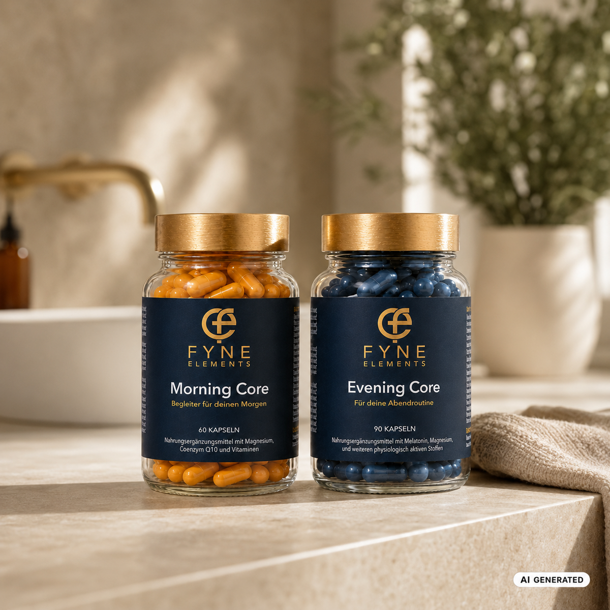 KI-generierte Badszene mit Fyne Elements Morning Core und Evening Core in transparenten Glasdosen mit goldfarbenen Deckeln auf einer beigen Ablage. Im Hintergrund sind ein modernes Waschbecken, eine Armatur, ein Handtuch und grüne Pflanzen unscharf sichtbar.