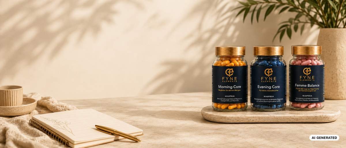 KI-generiertes 21:9 Storybild von Fyne Elements mit Morning Core, Evening Core und Femme Balance auf einer hellen Natursteinablage. Links liegen ein offenes Notizbuch und ein goldfarbener Stift, rechts stehen die drei transparenten Glasdosen mit goldfarbenen Deckeln vor einer warmen beigen Wand mit weichen Pflanzenschatten und grüner Pflanze im Hintergrund.