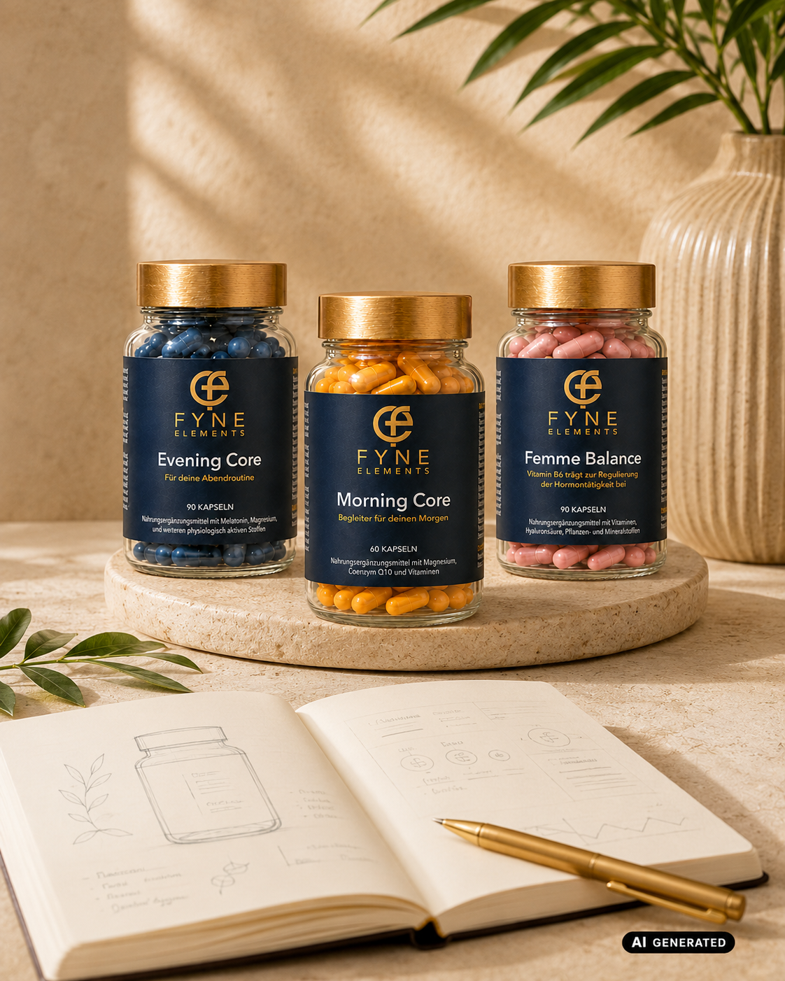 KI-generiertes Hochformatbild mit den drei Fyne Elements Produkten Morning Core, Evening Core und Femme Balance auf einer hellen Natursteinfläche. Im Vordergrund liegt ein geöffnetes Notizbuch mit Produktskizzen und goldenem Stift, im Hintergrund stehen die drei transparenten Glasdosen mit goldfarbenen Deckeln vor einer warmen beigen Wand und grünen Pflanzen. Das Motiv visualisiert den Weg von der ersten Idee bis zum fertigen Produkt.