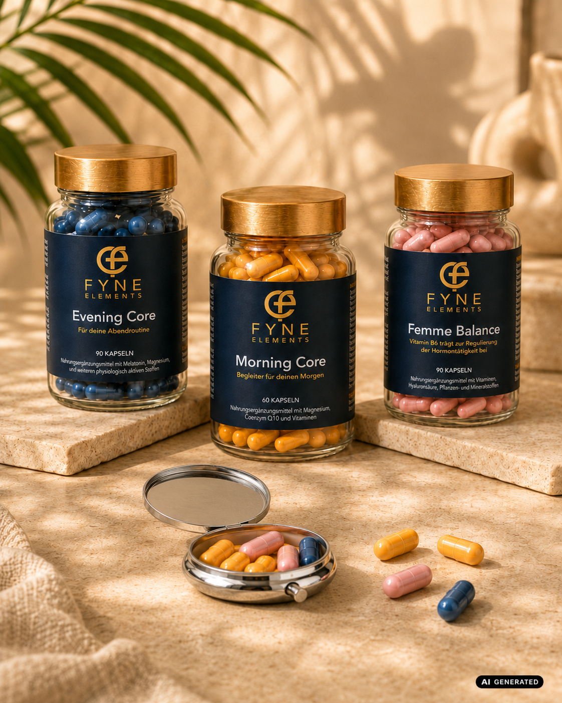 KI-generiertes Hochformatbild mit Fyne Elements Morning Core, Evening Core und Femme Balance in transparenten Glasdosen mit goldfarbenen Deckeln auf einer warmen beigen Natursteinfläche. Im Vordergrund liegt eine geöffnete, flache runde silberne Metall-Pillendose mit gelben, rosa und blauen Kapseln; weitere einzelne Kapseln liegen daneben auf dem Tisch. Im Hintergrund sind grüne Blätter und weiche Pflanzenschatten sichtbar.