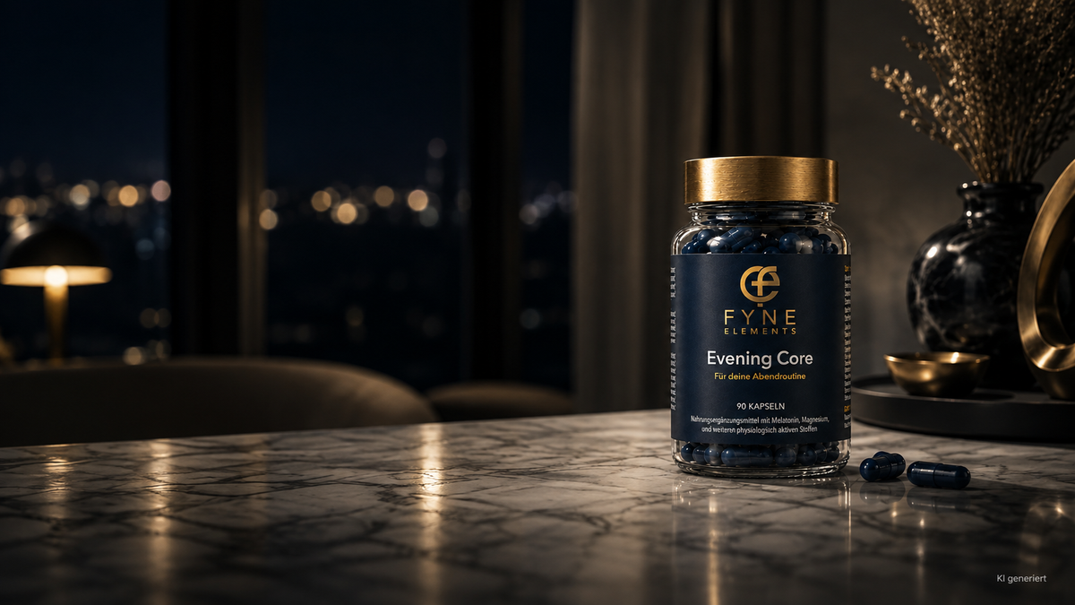 KI-generiertes Hero-Bild von Fyne Elements Evening Core in einer eleganten, dunklen Abendszene. Die transparente Glasdose mit goldfarbenem Deckel und dunkelblauen Kapseln steht auf einer glänzenden Marmorfläche. Daneben liegen einzelne blaue Kapseln. Im Hintergrund sind warme Lichtreflexe, eine Tischleuchte und dekorative Elemente unscharf sichtbar.