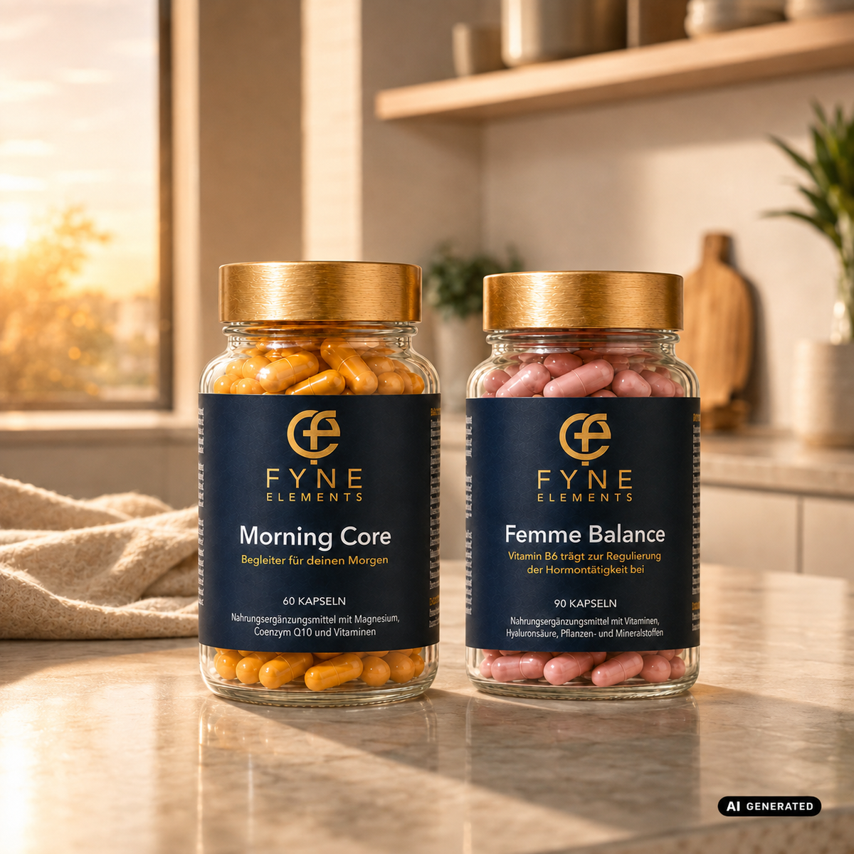 KI-generiertes Lifestylebild von Fyne Elements mit Morning Core und Femme Balance in transparenten Glasdosen mit goldfarbenen Deckeln, gelben und rosa Kapseln auf einer Küchenarbeitsplatte in einer modernen Küche bei warmem Sonnenaufgang.