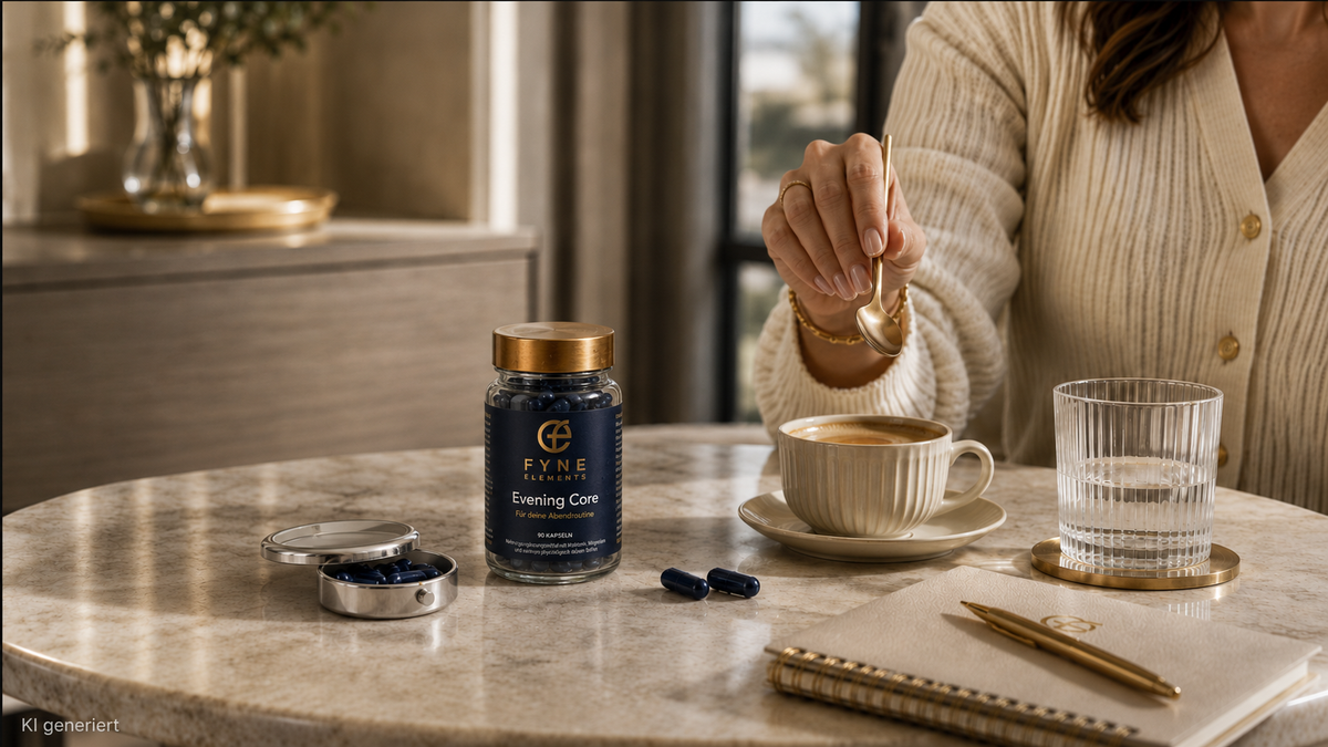 Frau an einem hellen Marmortisch mit Fyne Elements Evening Core, kleiner silberner Pillendose mit blauen Kapseln, Kaffeetasse, Wasserglas und Notizbuch. In der Hand hält sie einen kleinen goldenen Löffel. Unten links steht dezent „KI generiert“.