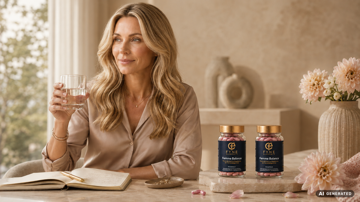 KI-generierte Lifestyle-Szene mit einer natürlich ausgeleuchteten Frau und zwei gleich großen Femme-Balance-Glasdosen von Fyne Elements mit rosa Kapseln auf der rechten Bildseite.