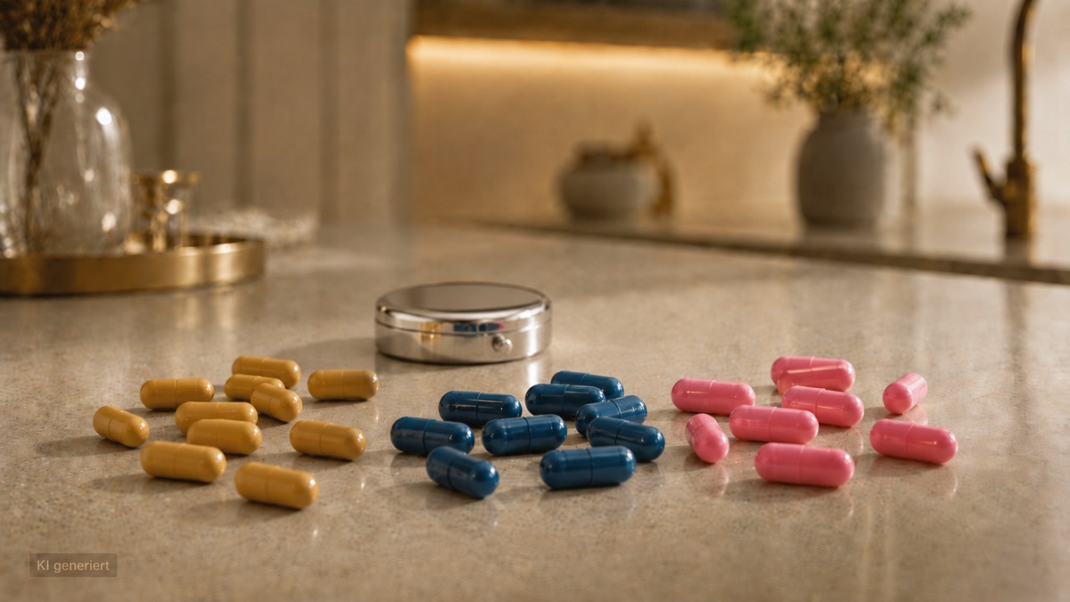 Farbsortierte Kapseln in Gelb, Blau und Rosa liegen locker auf einer hellen Steinoberfläche. Im Hintergrund steht eine kleine silberne Pillendose in einem warmen, stilvollen Interior mit weicher Unschärfe. Unten links steht dezent „KI generiert“.