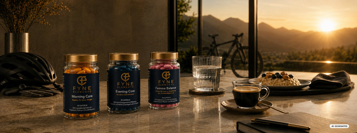 Morning Core, Evening Core und Femme Balance in transparenten Glasdosen auf einer Arbeitsplatte mit Wasser, Kaffee und Frühstück vor einer Berglandschaft bei Sonnenaufgang.