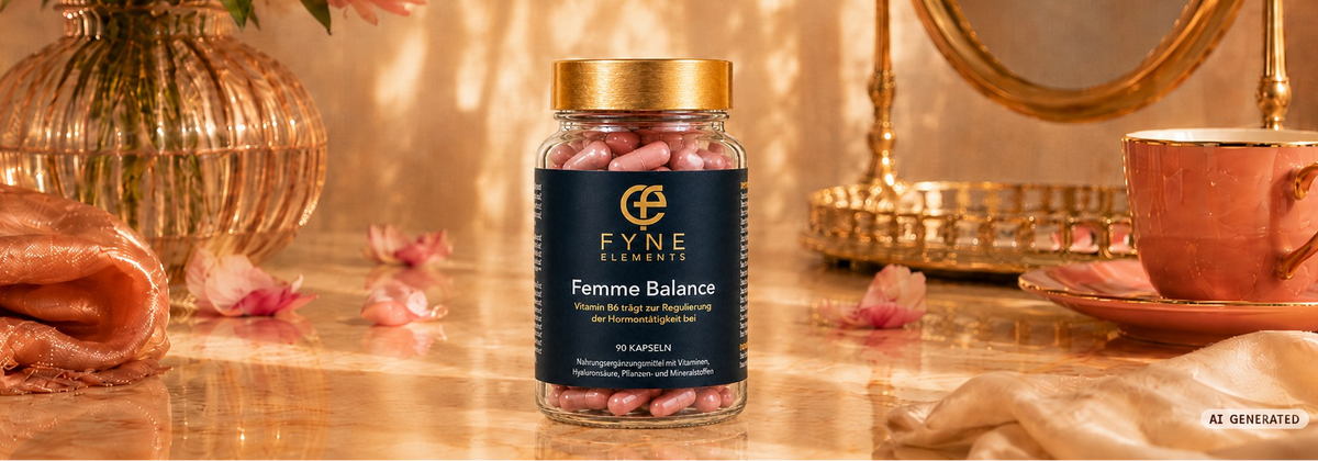 KI generiertes Hero Bild von Fyne Elements Femme Balance: zentrale transparente Glasdose mit rosa Kapseln und goldfarbenem Deckel auf einer warm beleuchteten Marmorfläche, umgeben von rosa Blüten, Vase, Spiegel, Tablett, Tasse und Stoffen in Gold und Rosétönen.