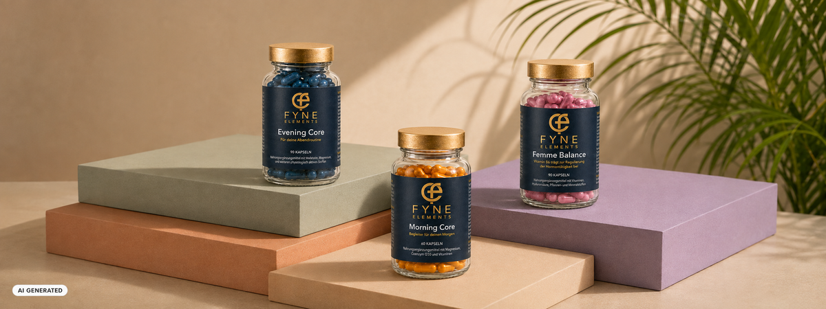 Fyne Elements Hero-Bild mit Evening Core, Morning Core und Femme Balance auf Pastellpodesten, hochwertige Nahrungsergänzungsmittel im warmen Licht, KI-generiert.