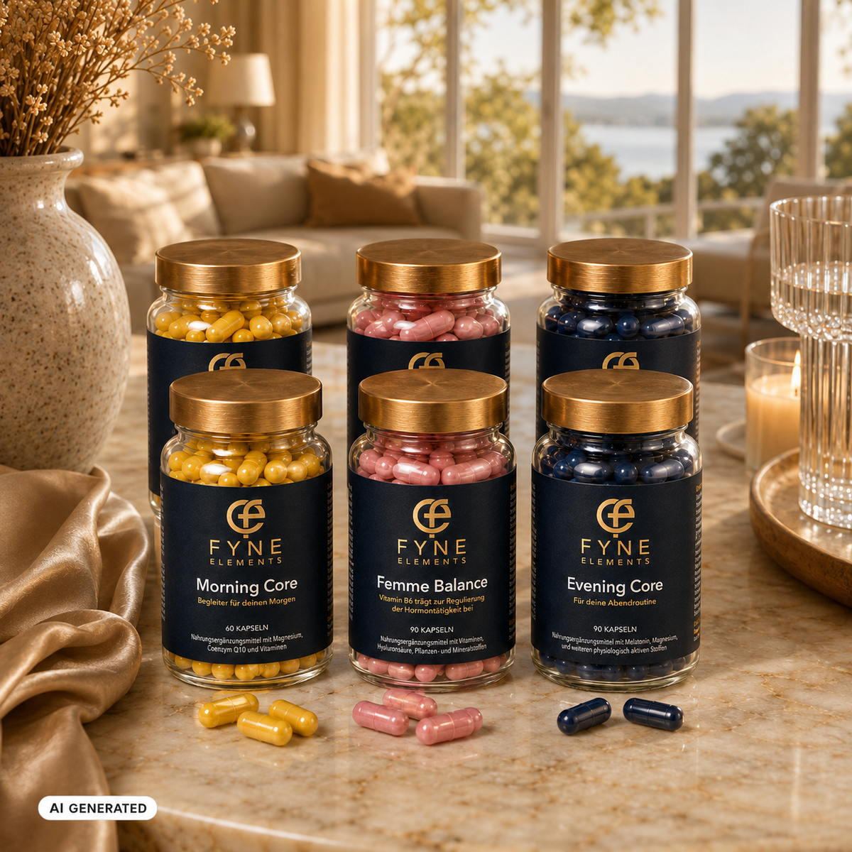 Fyne Elements Produktgruppe mit Morning Core, Femme Balance und Evening Core in heller, warmer Wohnraumkulisse mit sechs transparenten Glasdosen, goldfarbenen Deckeln, Marmoroberfläche und Blick ins Grüne, KI-generiert.
