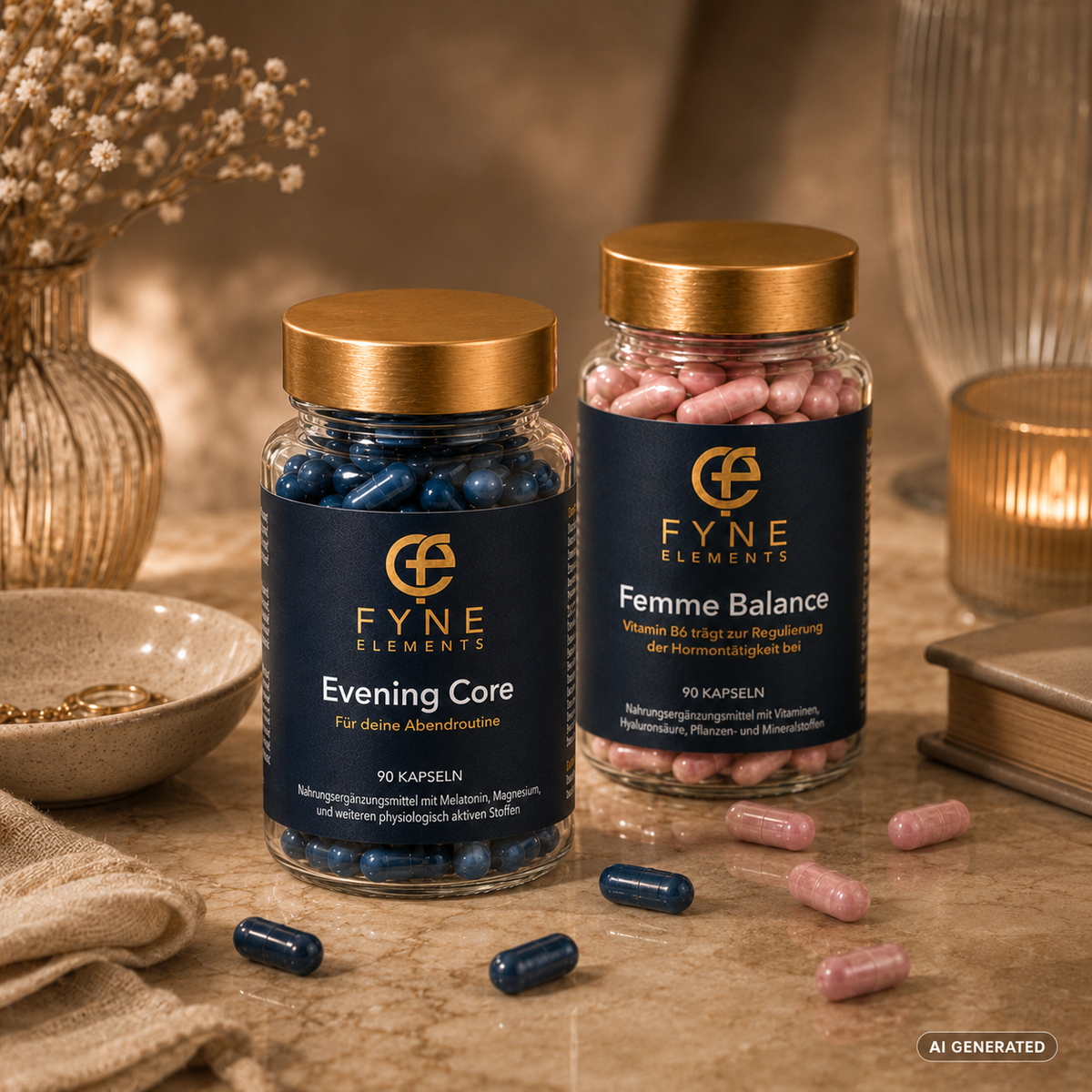 Fyne Elements Evening Core und Femme Balance in eleganter, fokusorientierter Lifestyle-Kulisse auf warmer Steinoberfläche, transparente Glasdosen mit goldfarbenen Deckeln und aktuellen Etiketten, KI-generiert.