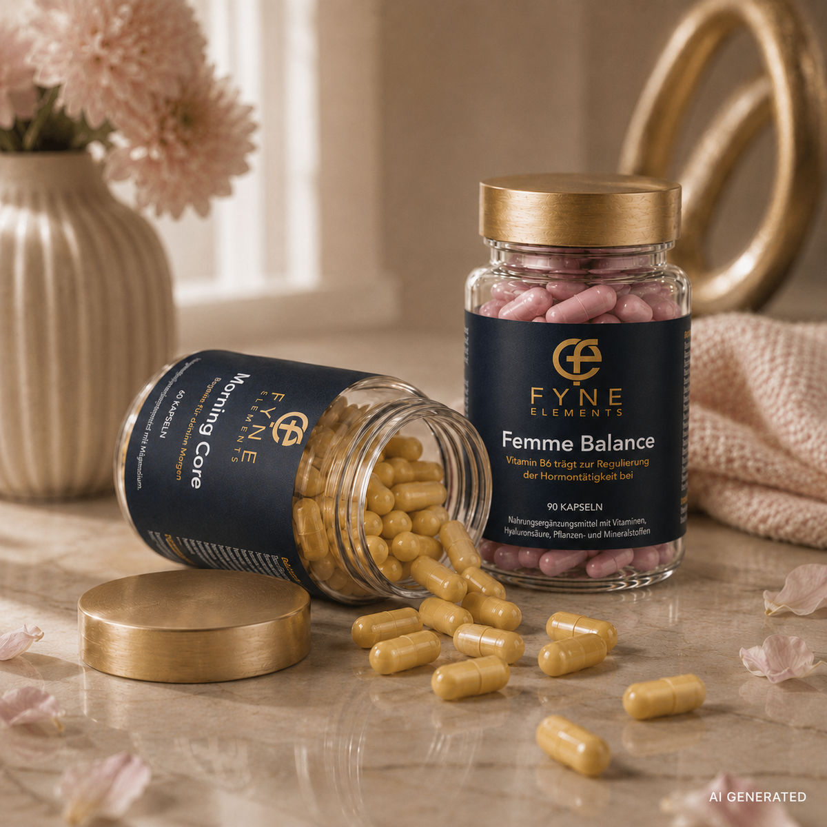 Warm inszeniertes Produktfoto von Fyne Elements: Links liegt eine geöffnete Morning Core Glasdose mit goldfarbenem Deckel auf der Seite, aus der gelb orange Kapseln auf eine helle Steinoberfläche herausrollen. Das Etikett der liegenden Dose ist passend um 90 Grad mitgedreht. Rechts steht eine aufrechte Femme Balance Glasdose mit rosa Kapseln. Im weichen Hintergrund sind eine beige Vase mit rosa Blüten, ein rosafarbenes Tuch und goldene Deko Elemente zu sehen. Unten rechts befindet sich ein AI GENERATED 