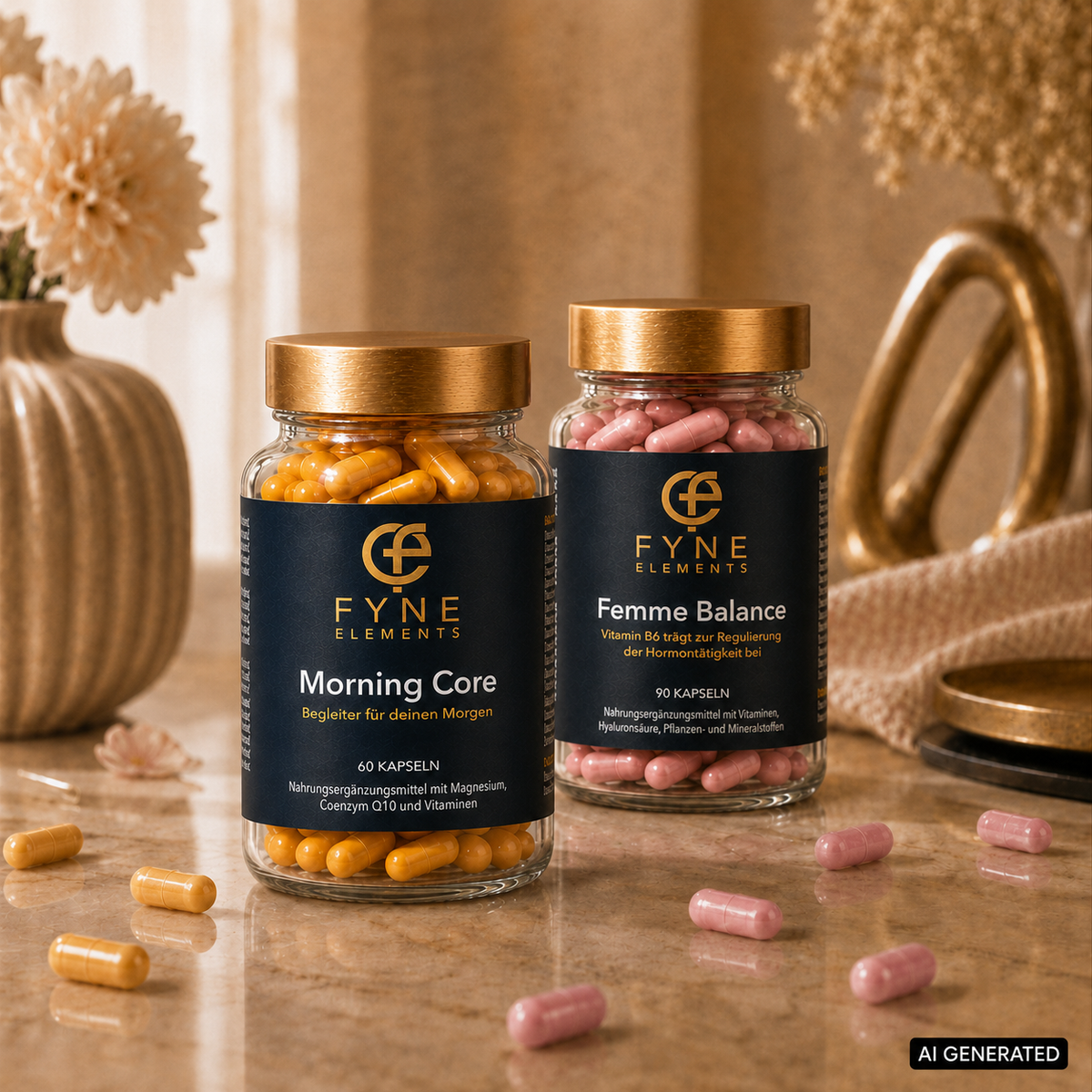 Hochwertig inszeniertes Produktbild von Fyne Elements mit zwei Glasdosen auf einer warmen Steinoberfläche. Links steht Morning Core mit orange gelben Kapseln und goldfarbenem Deckel, rechts Femme Balance mit rosa Kapseln und goldfarbenem Deckel. Vor den Dosen liegen einzelne gelbe und rosa Kapseln auf der reflektierenden Oberfläche. Im weich gezeichneten Hintergrund sind helle Blüten, eine beige Vase, goldfarbene Dekoelemente und ein weiches Textil zu sehen. Unten rechts befindet sich ein AI GENERATED Badge