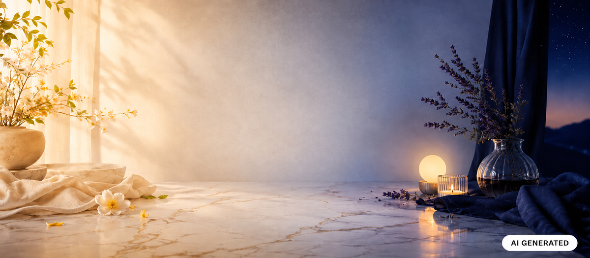 KI generiertes Fyne Elements Lifestyle Hintergrundbild im Querformat mit warmer Tagesstimmung links und kühler Abendstimmung rechts, Marmoroberfläche, Blumen, Stoffen, Kerzenlicht und einem unten rechts platzierten AI GENERATED Badge.