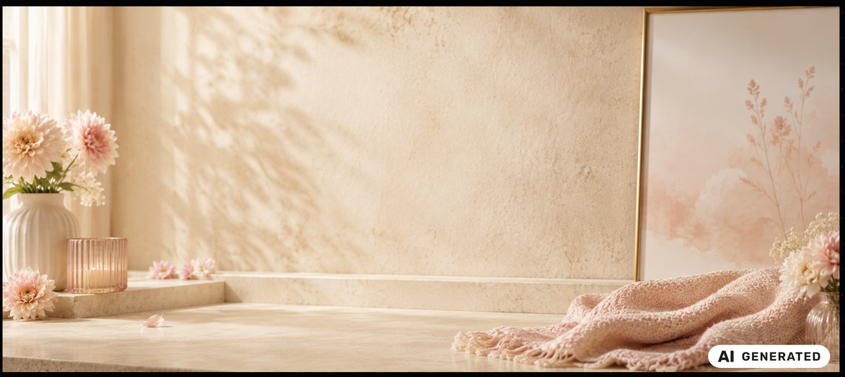 KI generiertes Fyne Elements Lifestyle Hintergrundbild im Querformat mit warmer Sonnenlichtstimmung, heller Steinoberfläche, rosa und cremefarbenen Blumen, dekorativer Kerze, gerahmtem Pflanzenmotiv, rosafarbenem Stoff und einem unten rechts platzierten AI GENERATED Badge.