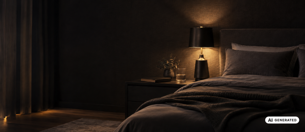 KI generiertes Lifestylebild eines dunkel und warm beleuchteten Schlafzimmers mit Bett, Nachttischlampe, Wasserglas, Buch, kleiner Pflanze und Vorhängen; keine Produktdose im Bild.