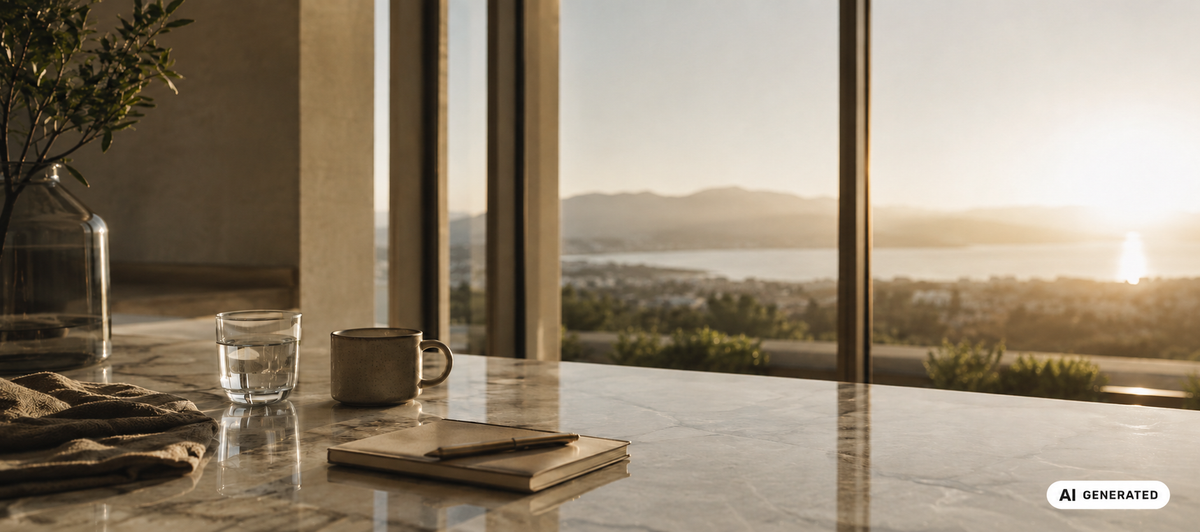 KI generierte Lifestyle Innenraumszene mit Marmortisch, Glas Wasser, Tasse, Notizbuch und weiter Aussicht durch große Fenster bei warmem Sonnenlicht; unten rechts ein AI GENERATED Badge.

Download der finalen PNG Datei