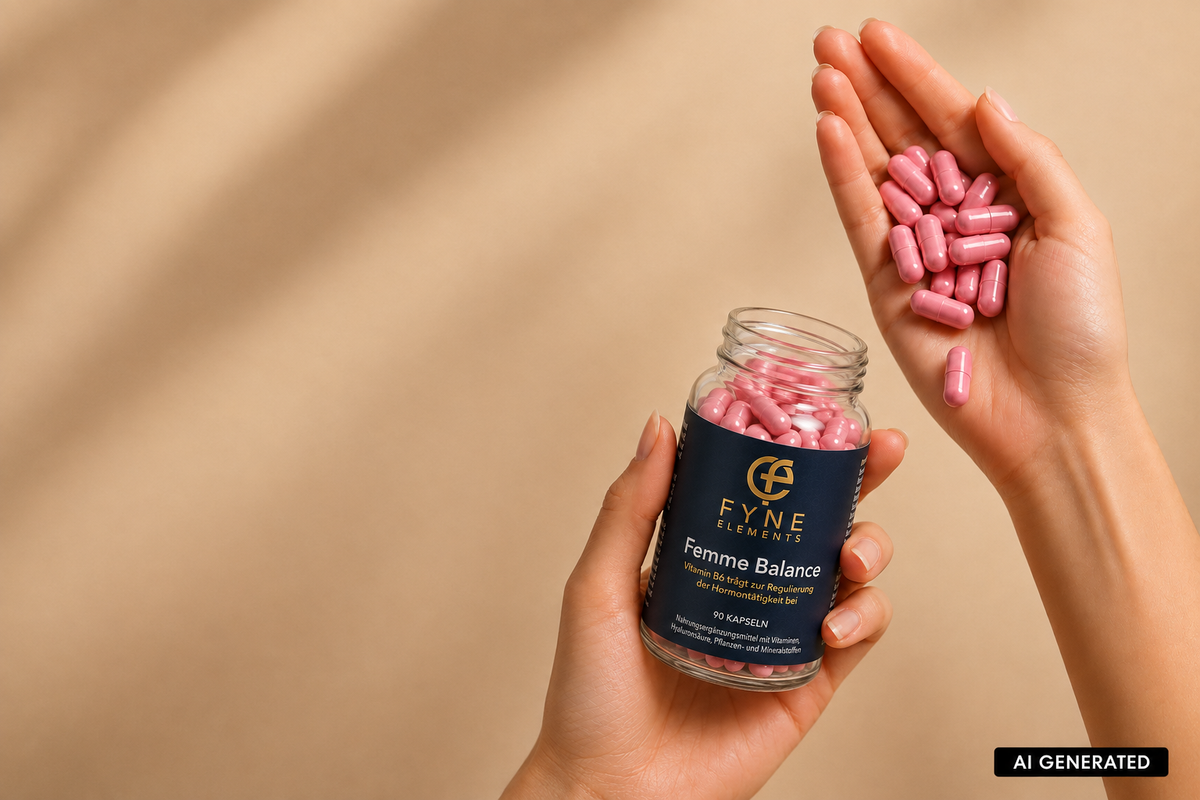 KI generiertes Lifestylebild von Fyne Elements Femme Balance vor warmem beigem Hintergrund. Zwei Hände halten eine geöffnete Glasdose mit dunkelblauem Etikett und rosa Kapseln, während weitere rosa Kapseln in der geöffneten Handfläche liegen. Das Bild ist weich und hochwertig ausgeleuchtet.