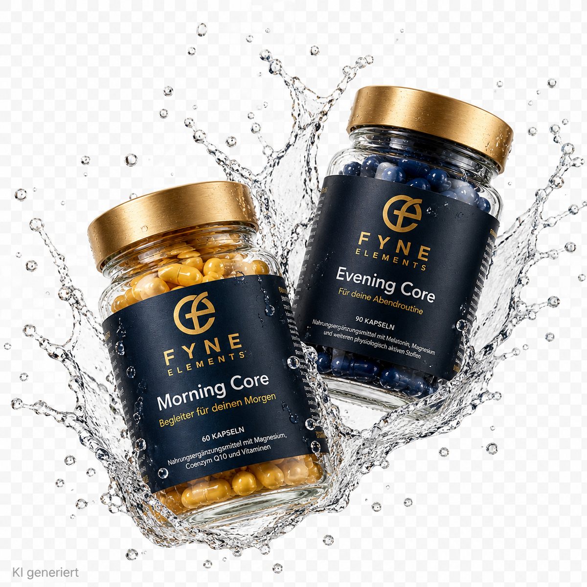 KI-generiertes Produktbild mit Fyne Elements Morning Core und Evening Core in transparenten Glasdosen mit goldfarbenen Deckeln, umgeben von dynamischen Wasserspritzern und Wassertropfen vor transparentem Hintergrund. Morning Core enthält goldgelbe Kapseln, Evening Core dunkelblaue Kapseln.