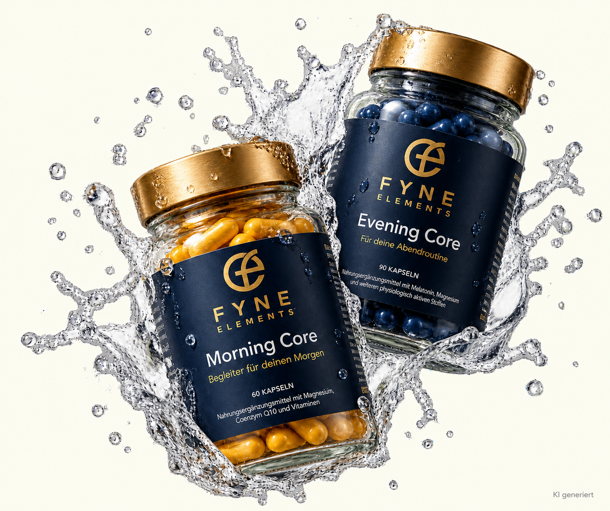 KI-generiertes Produktbild mit Fyne Elements Morning Core und Evening Core in transparenten Glasdosen mit goldfarbenen Deckeln, umgeben von dynamischen Wasserspritzern und Wassertropfen . Morning Core enthält goldgelbe Kapseln, Evening Core dunkelblaue Kapseln.