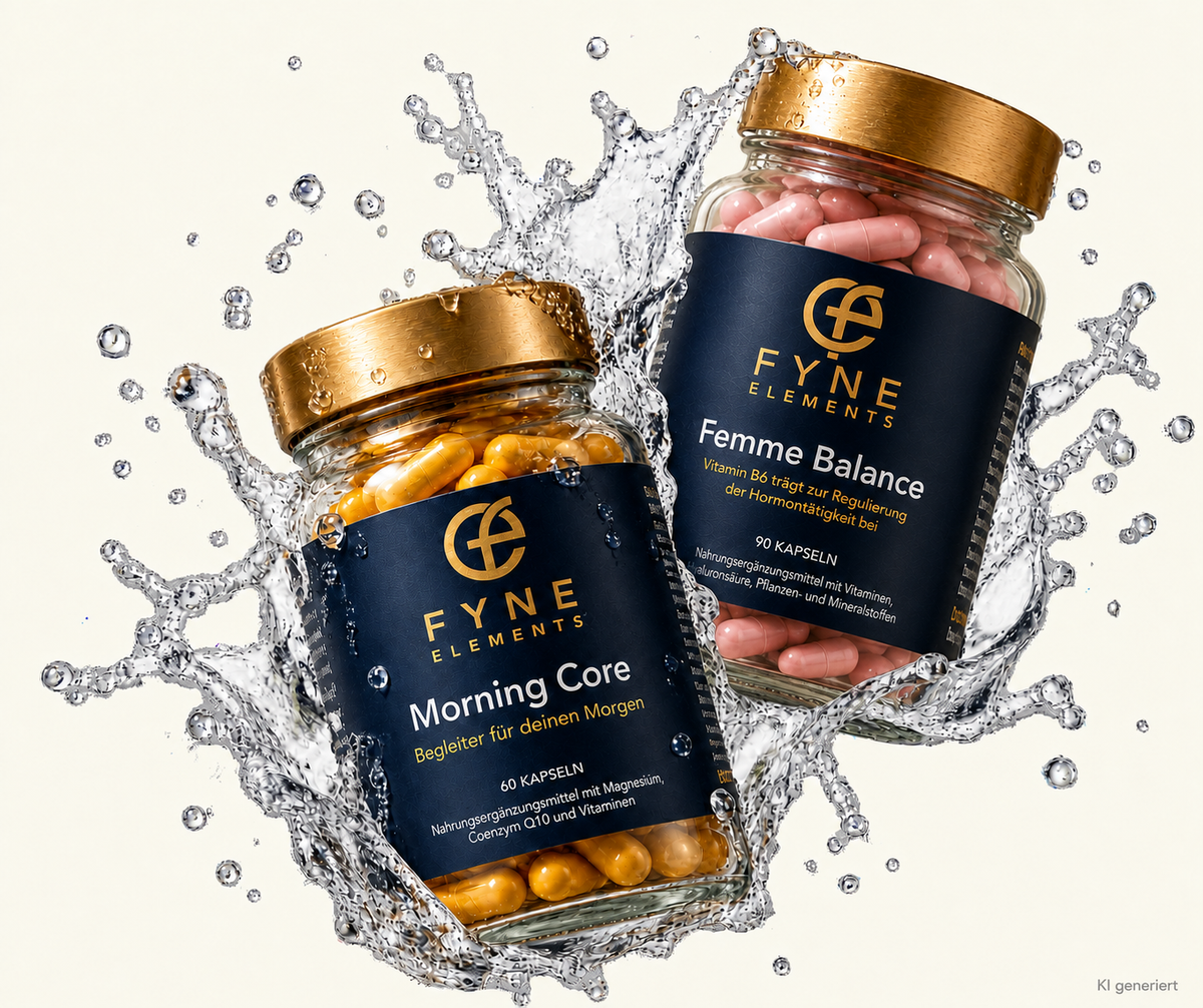 KI-generiertes Produktbild von Fyne Elements mit Morning Core und Femme Balance in transparenten Glasdosen mit goldfarbenen Deckeln, gelben und rosa Kapseln, umgeben von dynamischen Wasserspritzern auf hellem Hintergrund.
